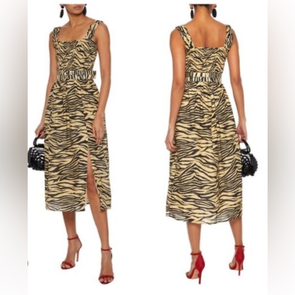 NICHOLAS Zebra-Print Midi Dress in Beige and Black